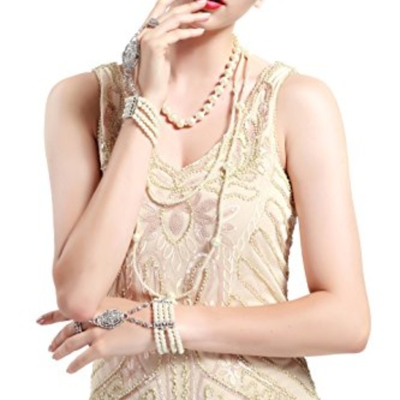 Women's Flapper Dresses 1920s V Neck Beaded Fringe - Picture 6 of 7